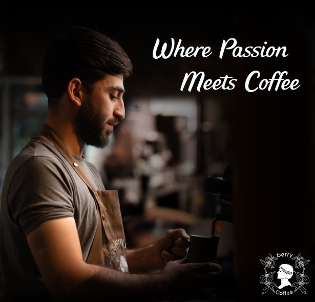 A barista steaming milk, with the words Where Passion Meets Coffee