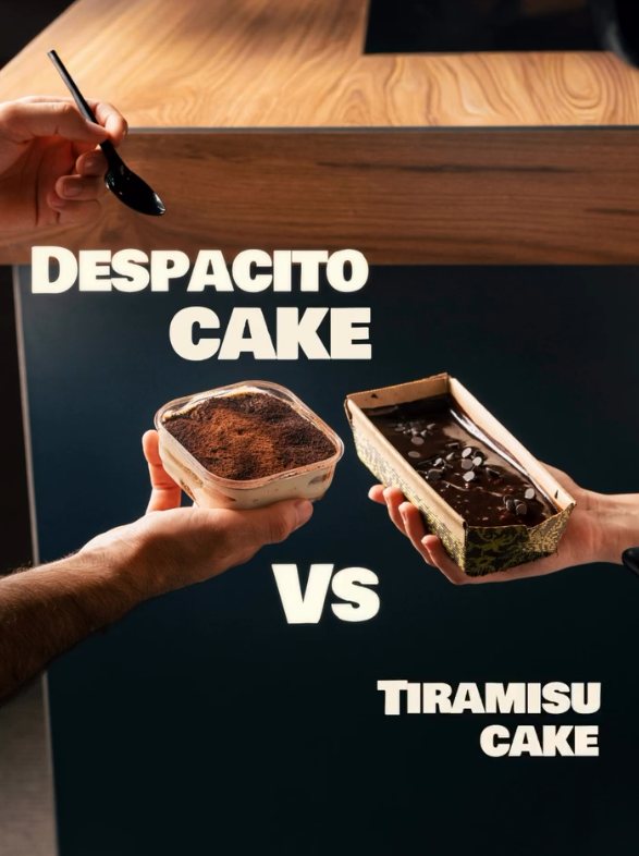 A Despacito cake and a Tiramisu cake held side by side